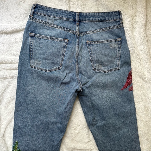 Topshop Flamingo Sequin Moto Mom Jeans Size 30 High Waisted Denim Fun Palm Tree - Picture 8 of 13